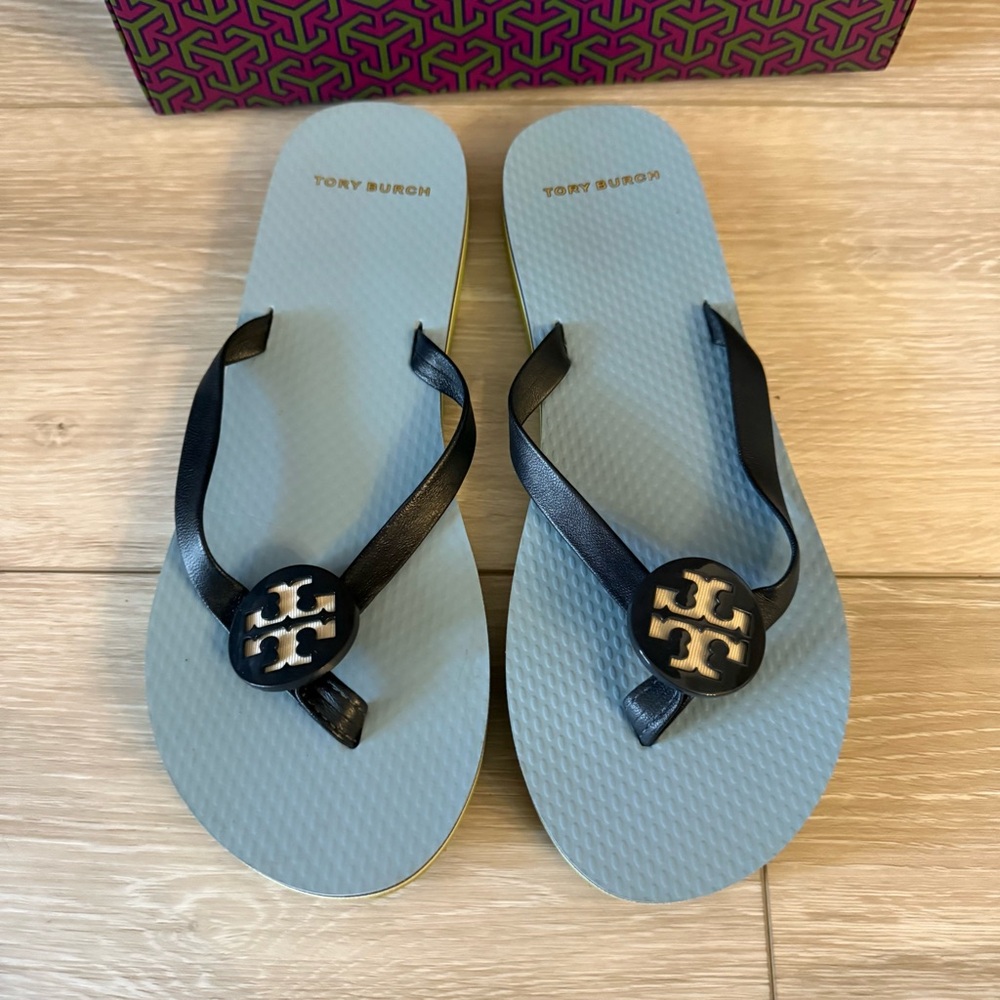 Tory Burch Minnie Flip Flop Napa Leather Black Blue White Shoe Sandal Slip on 7 - Picture 2 of 11